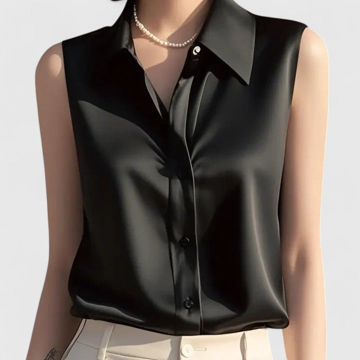 Collared Sleeveless Button Front Satin Blouse