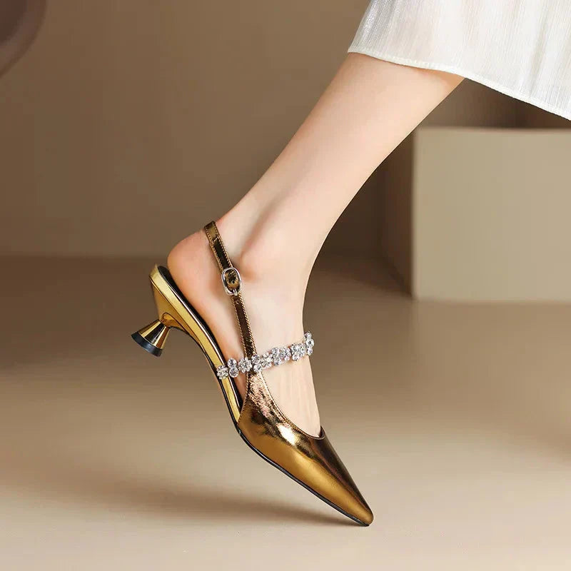 Pointed Toe Rhinestone Strap Kitten Heel Pumps