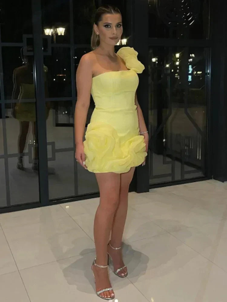 One Shoulder Rosette Ruffle Hem Corset Mini Party Dress 2