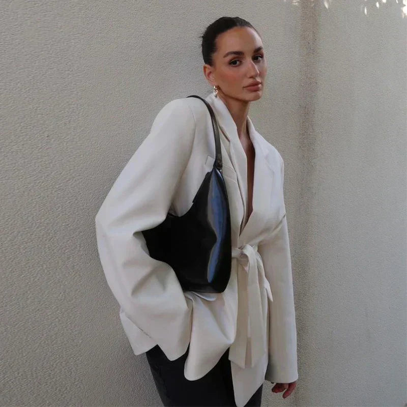 Deep V-Neck Notched Lapel Tie Waist Blazer Mini Dress