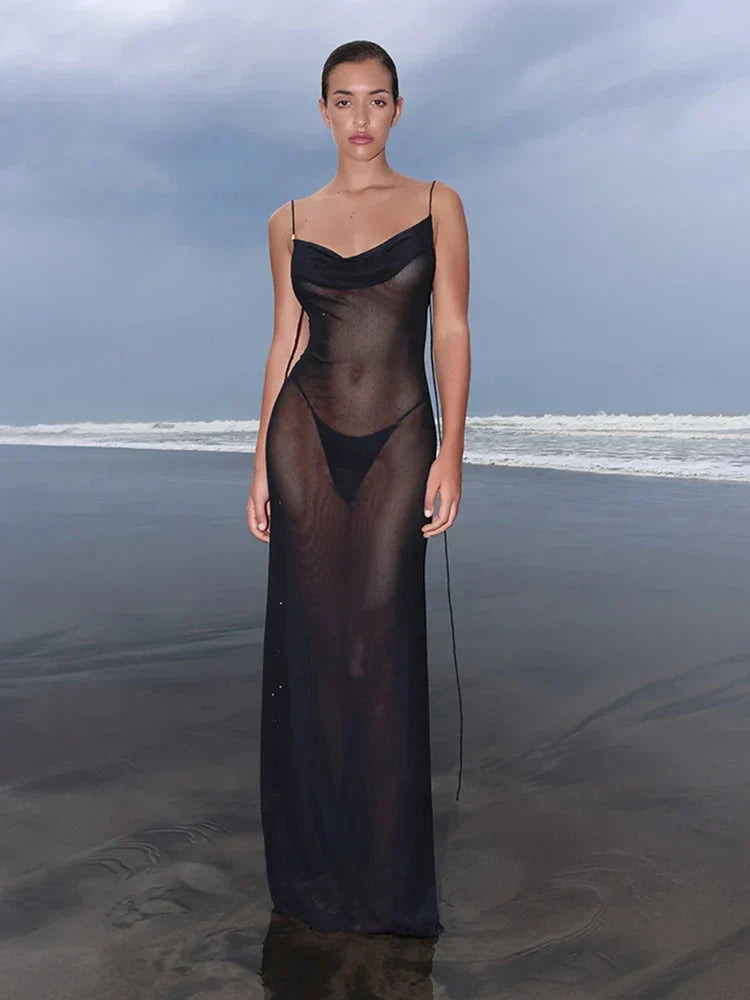 Sheer Mesh Cowl Neck Spaghetti Strap Tie Back Maxi Dress