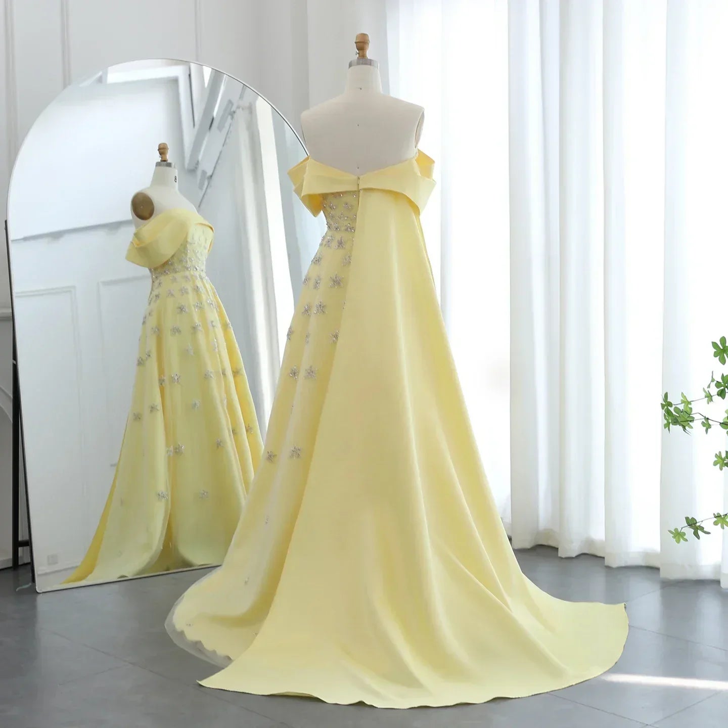 Off Shoulder Rhinestone Floral Beaded Tulle Cape Train A-Line Maxi Gown