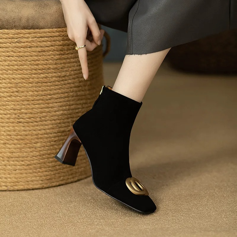Suede Look Square Toe Metal Buckle Block Heel Ankle Boots