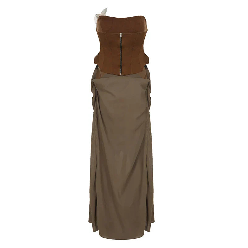 Sexy Women Butterfly Detail Strapless Long Dress Aesthetic Chic Detachable Corset Top Vintage Graceful Maxi Dresses