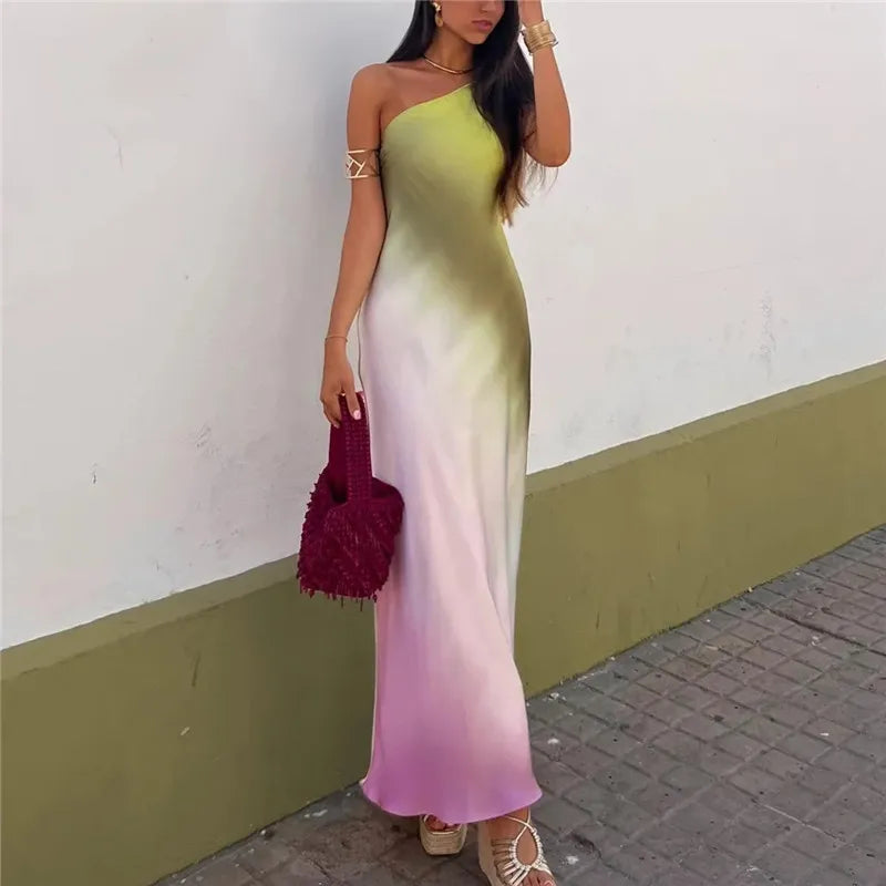 Tie Dye Satin Asymmetrical Midi Summer Dress - View 2