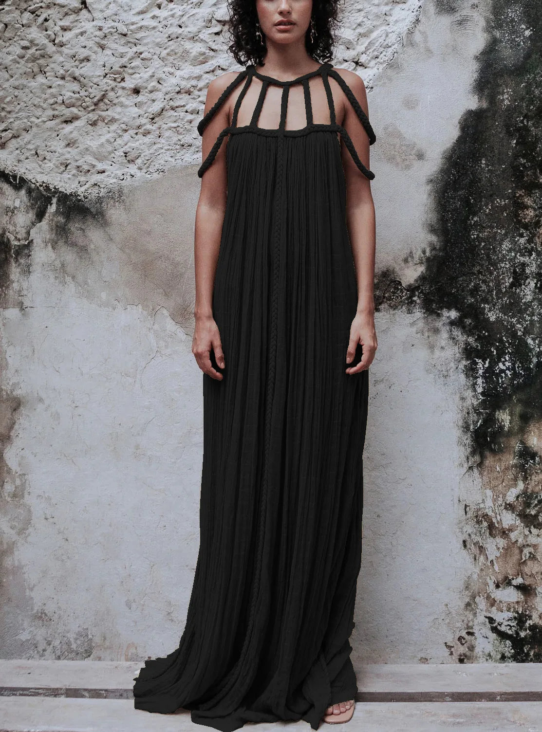 Braided Rope Trim One Shoulder Belted High Split Maxi Dress