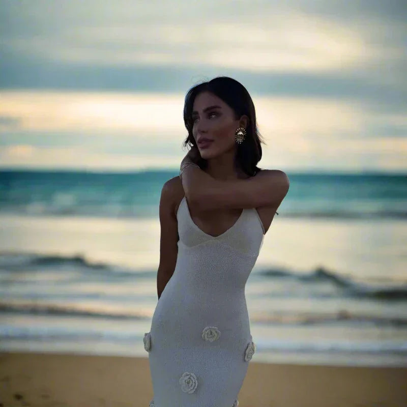 Knit V-Neck Spaghetti Strap Floral Applique Mermaid Maxi Dress
