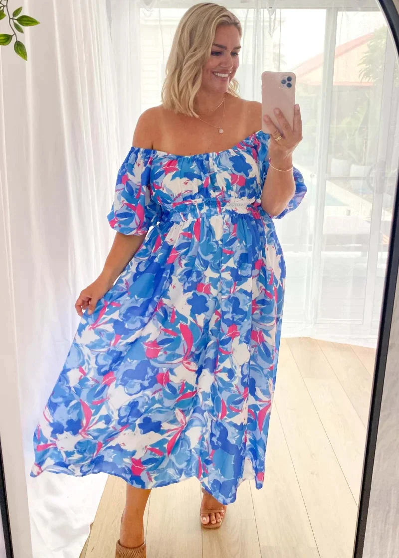 Off Shoulder Puff Sleeve Smocked Waist Pocket Maxi Summer Dress