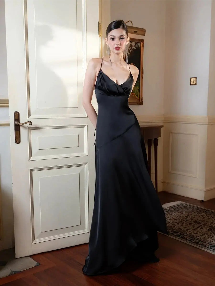 Black Satin V-neck Sleeveless Silk Dress 2