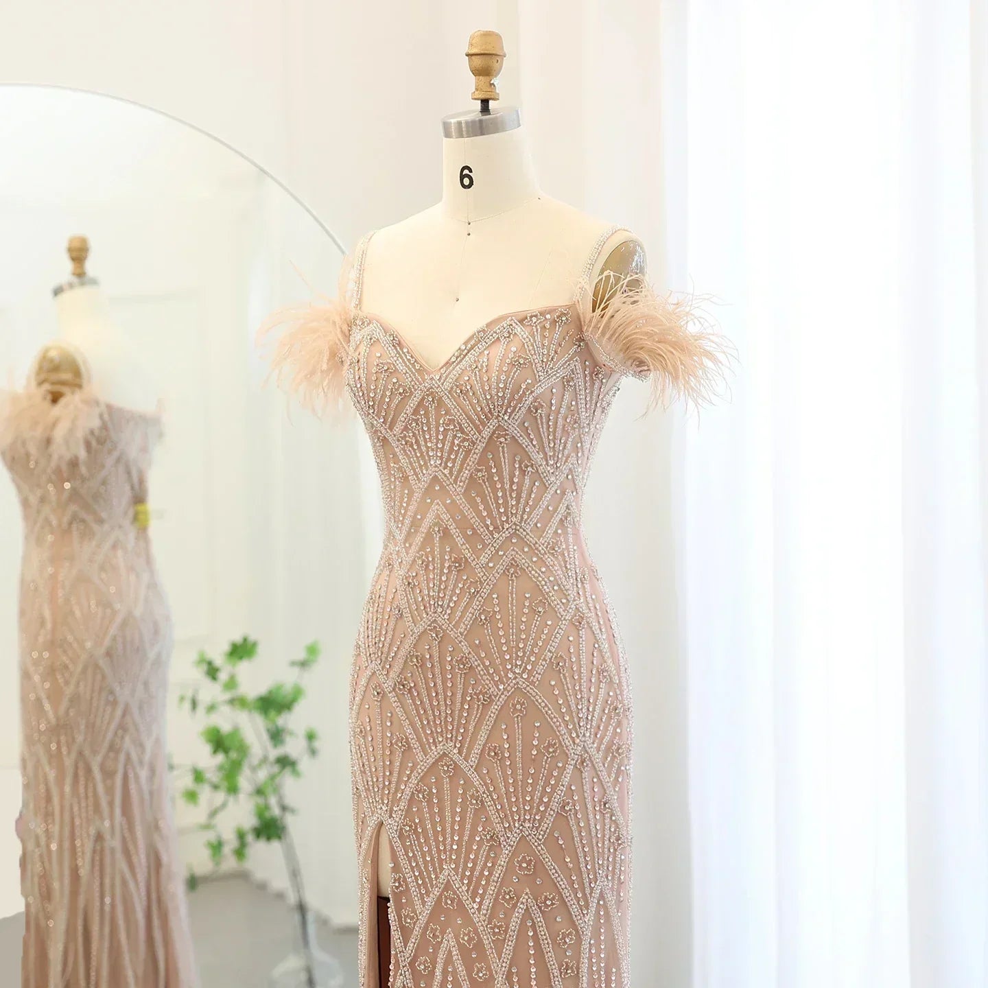 Sequin Off Shoulder Feather Trim Mermaid Maxi Gown