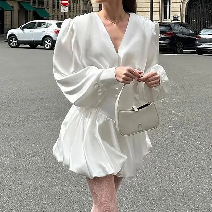 Deep V-Neck Puff Sleeve Corset Waist Bubble Skirt Mini Dress