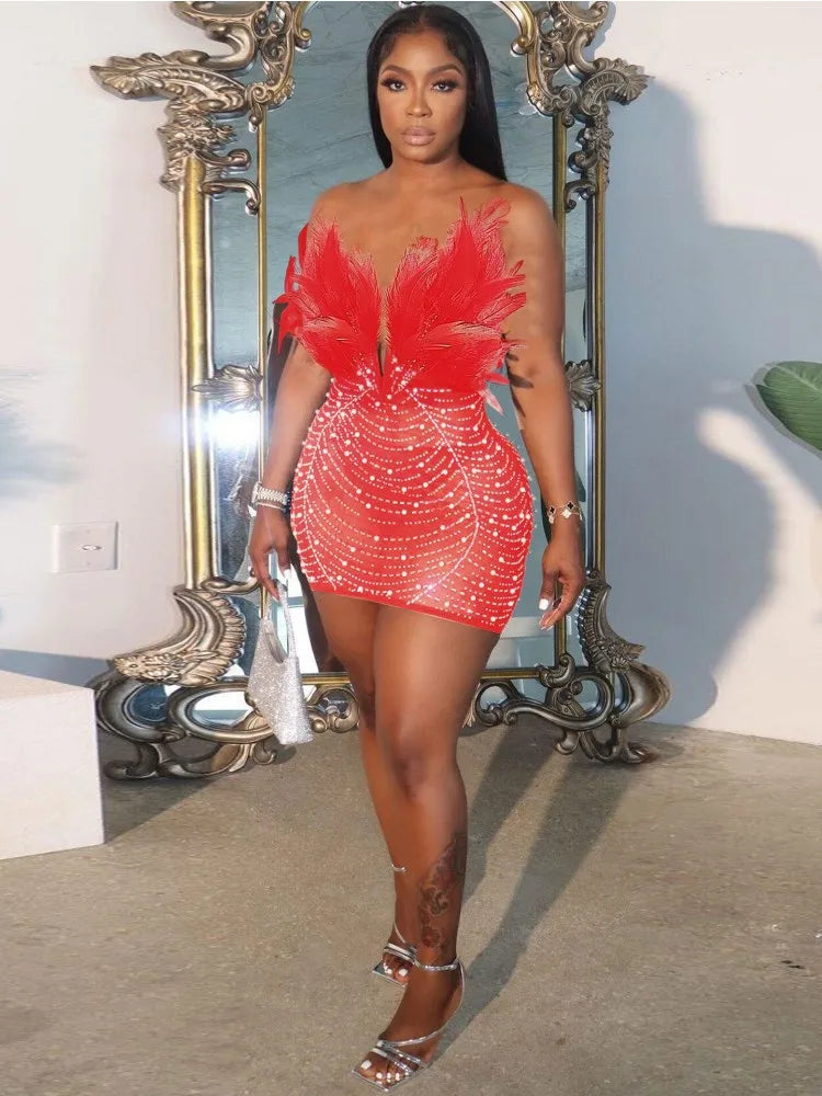 Feather Strapless V Neck Mesh Party Dress 7