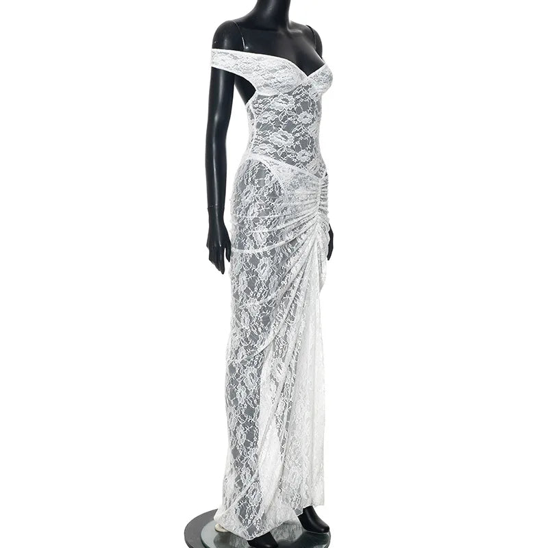 Lace Off Shoulder Sweetheart Corset Hip Cut Out Ruched Maxi Gown