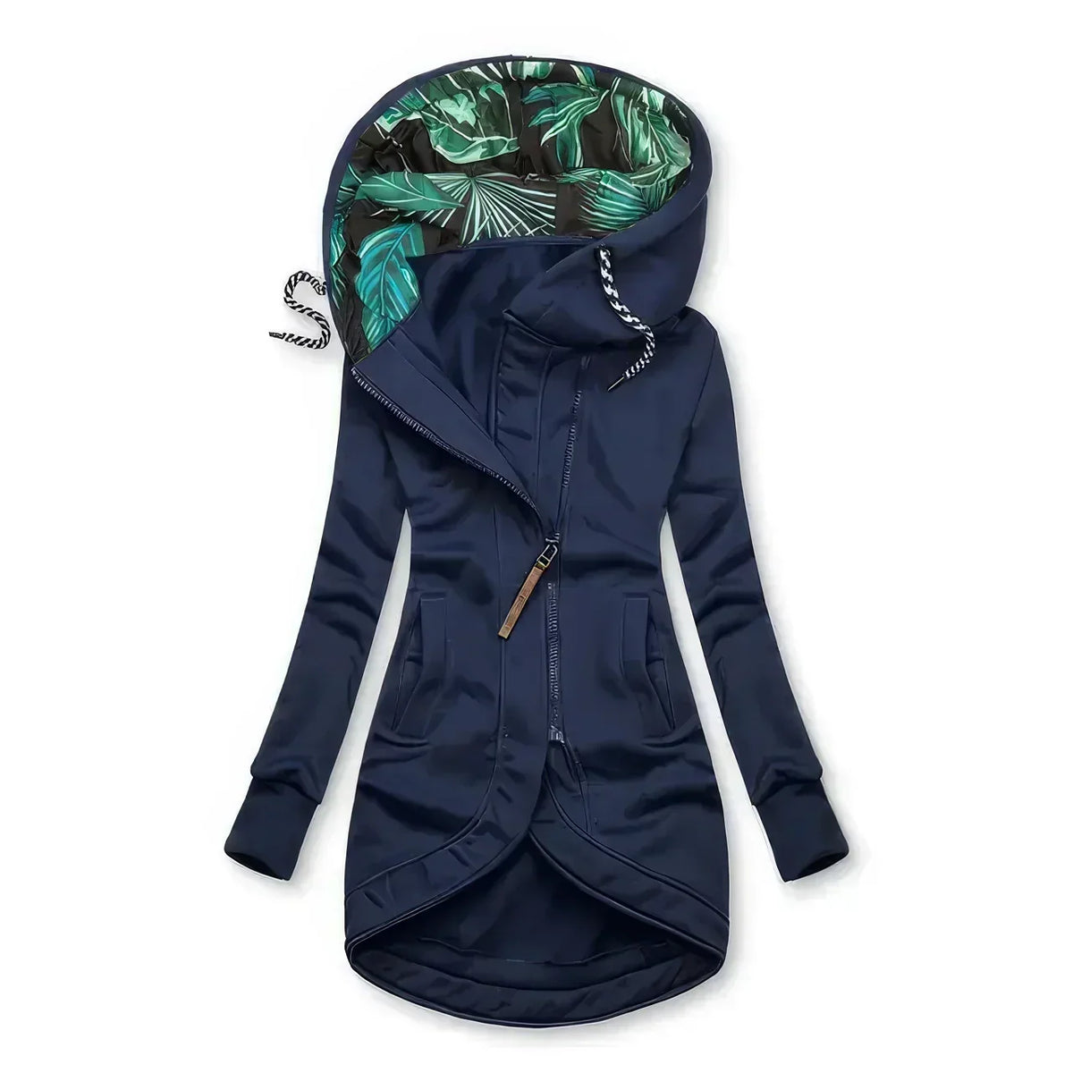 Hooded Zip Front Drawstring High Low Longline Jacket
