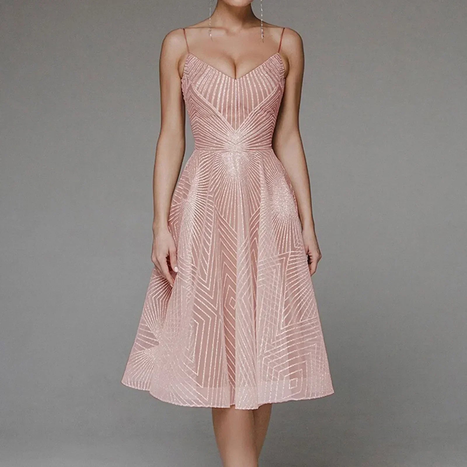 Sequin Geometric Spaghetti Strap Deep V-Neck A-Line Cocktail Midi Dress