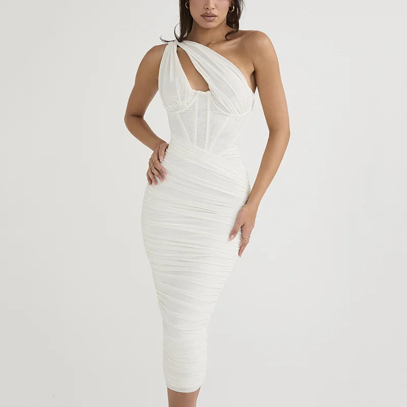 Mesh One Shoulder Backless Ruched Midi Dress - View 10