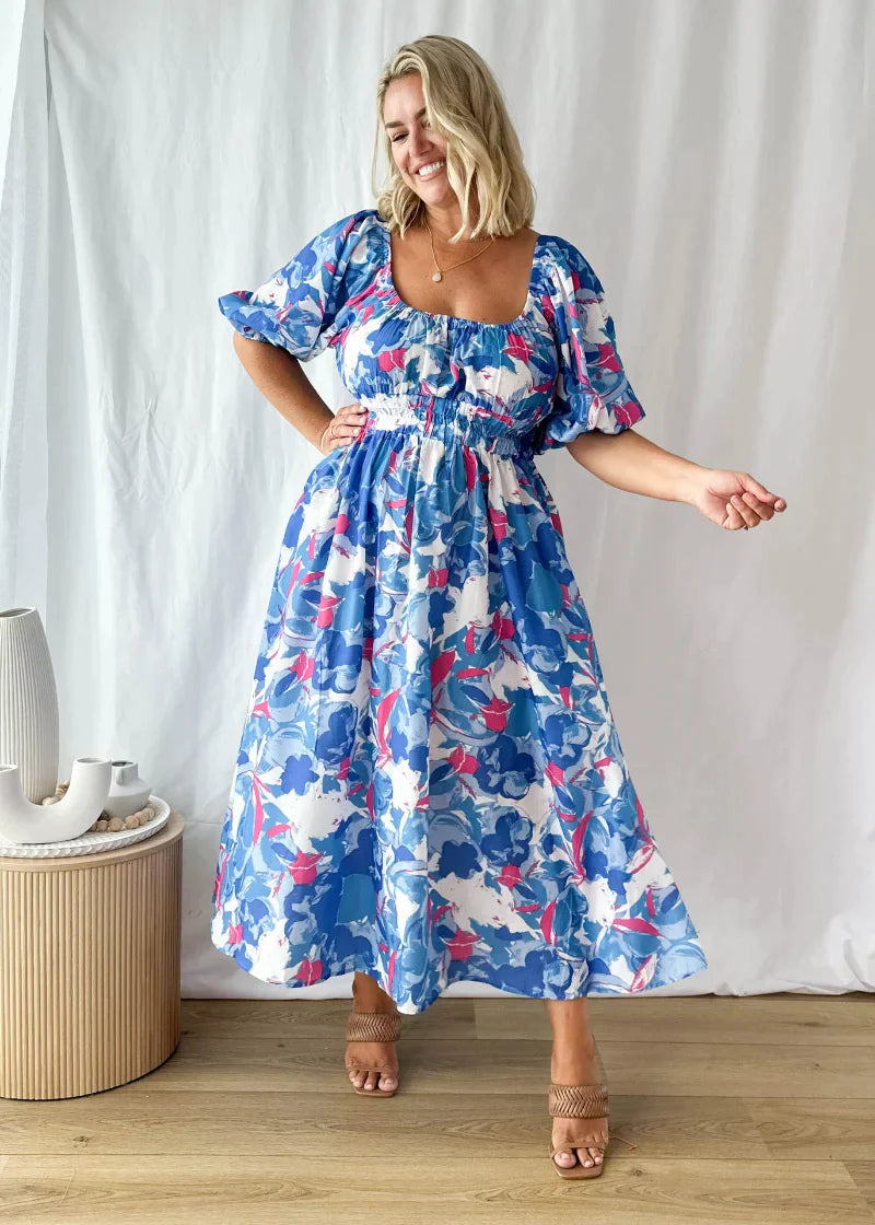 Off Shoulder Puff Sleeve Smocked Waist Pocket Maxi Summer Dress