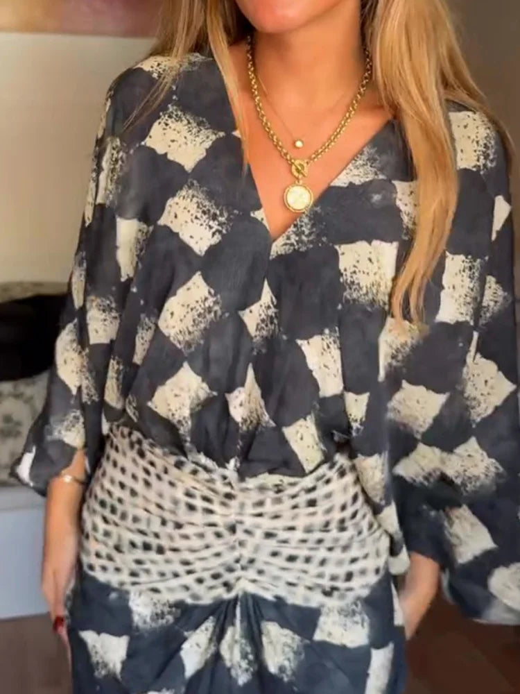 Checkerboard Print Kimono Sleeve Top and Wide Leg Pants Two Piece Set