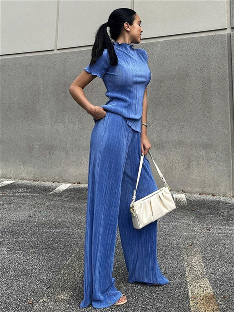 Mojoyce New French Pleated Women's Set Slim T-Shirt High Waist Wide Leg Pants Set Ladies Blue Elegant Suit Casual Summer