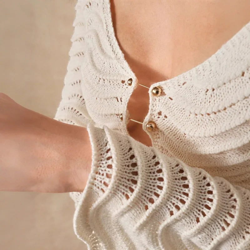 Open Knit Bell Sleeve Keyhole Metal Bar Back Tie Maxi Dress