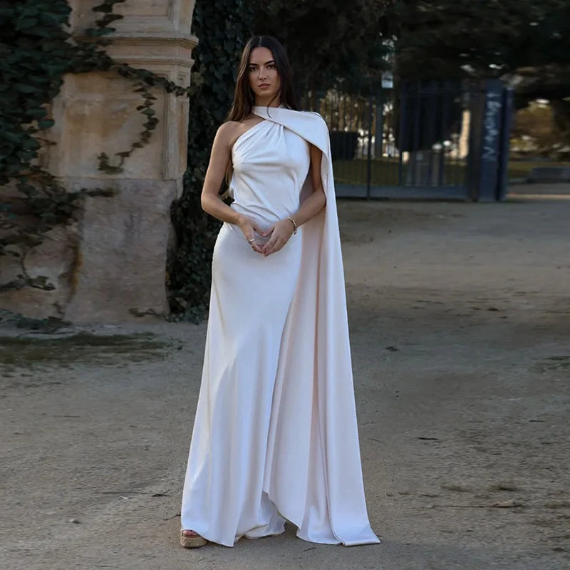 Satin Halter Neck Asymmetric Draped Sash Floor Length Gown