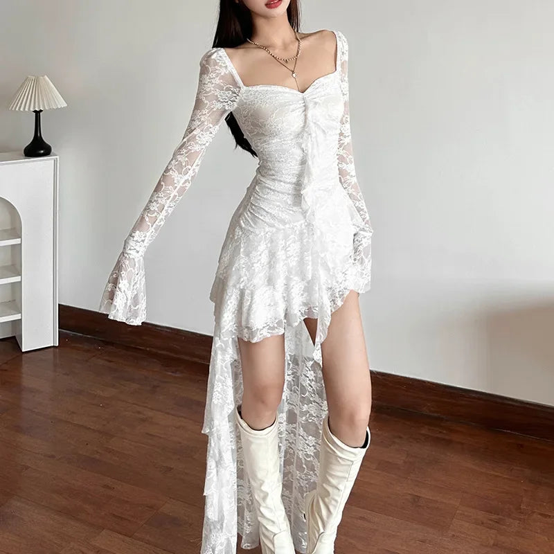 Lace Square Neck Flare Sleeve Ruffle High Low Dress 2