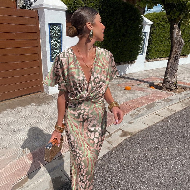 Animal Print Deep V-Neck Twist Front Short Sleeve Maxi Dress