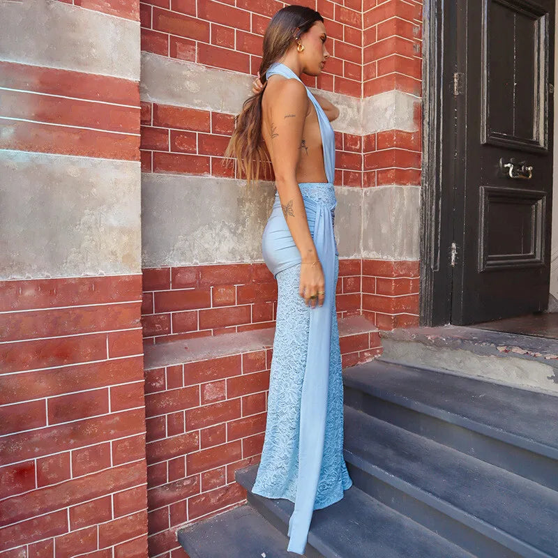 Halter Neck Deep V-Neck Draped Waist Lace Skirt Maxi Gown 5