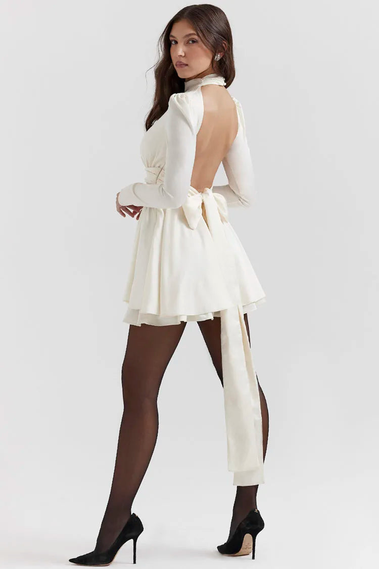 Satin Long Sleeve Open Back Bow Tie Waist Flared Mini Dress 5