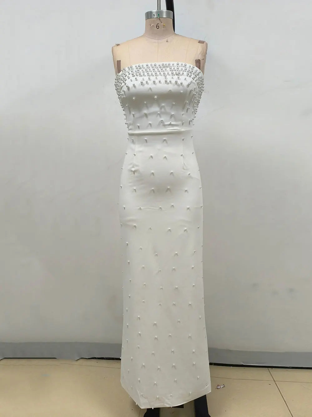 Pearl Embellished Strapless Tube Bodice Bodycon Maxi Gown