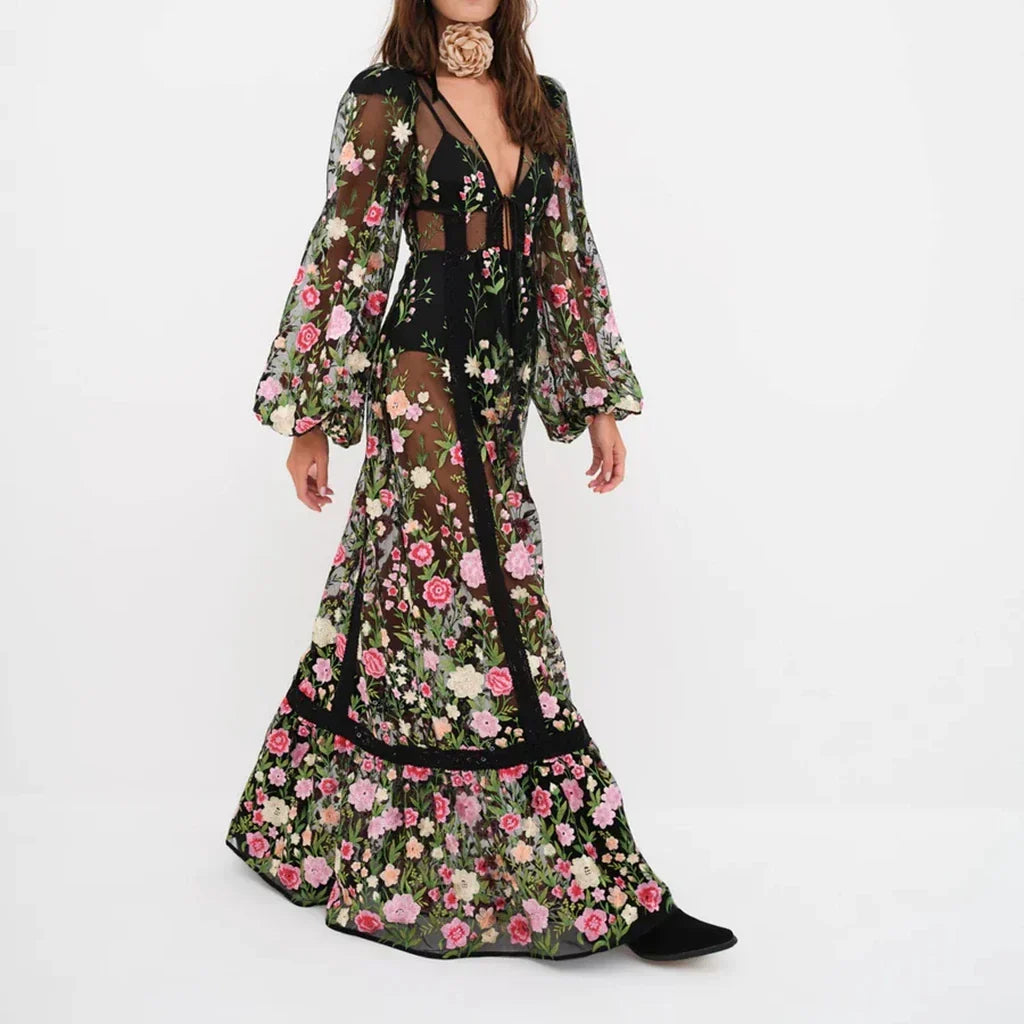 Floral Embroidery Mesh Bishop Sleeve Deep V-Neck Tie Front Tiered Maxi Gown