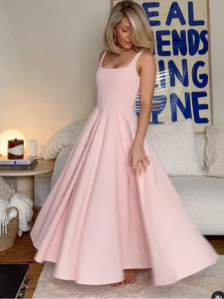 Polka Dot Square Neck Wide Strap A-Line Maxi Dress