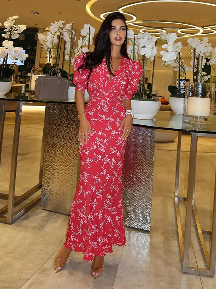 Floral Print Deep V-Neck Puff Sleeve Bodycon Midi Cocktail Dress
