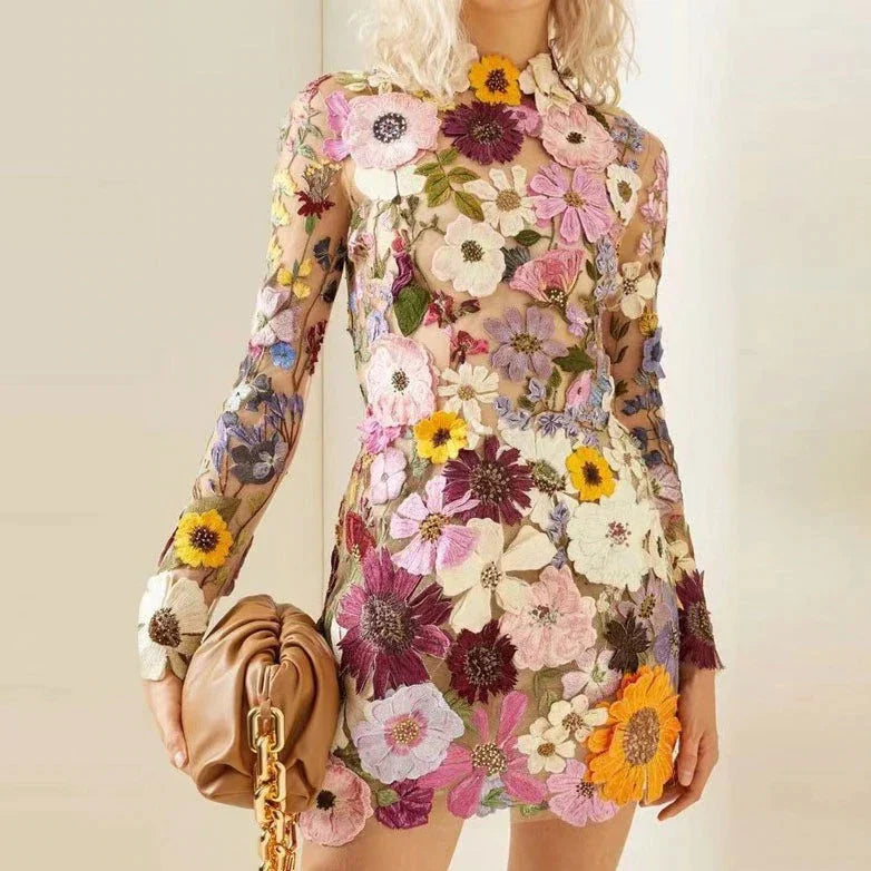 Mesh Floral Embroidered Long Sleeve High Neck Backless Cut Out Gown