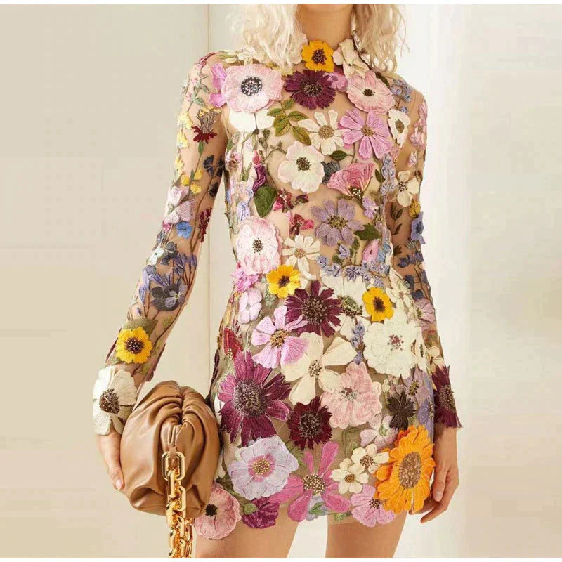Floral Embroidery Mesh Long Sleeve Mock Neck Bodycon Mini Dress