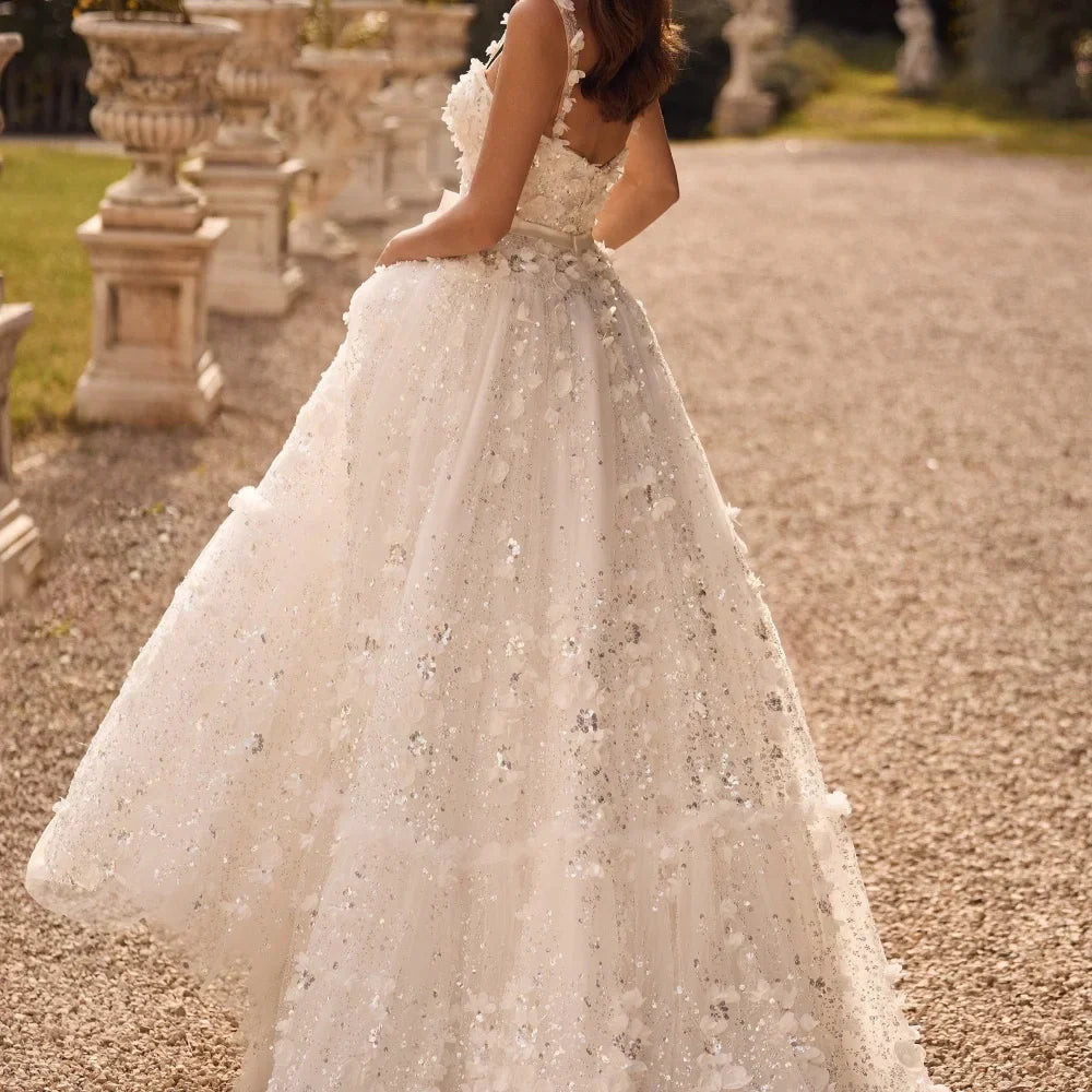 Floral Applique Beaded Sweetheart A-Line Tulle Prom Gown