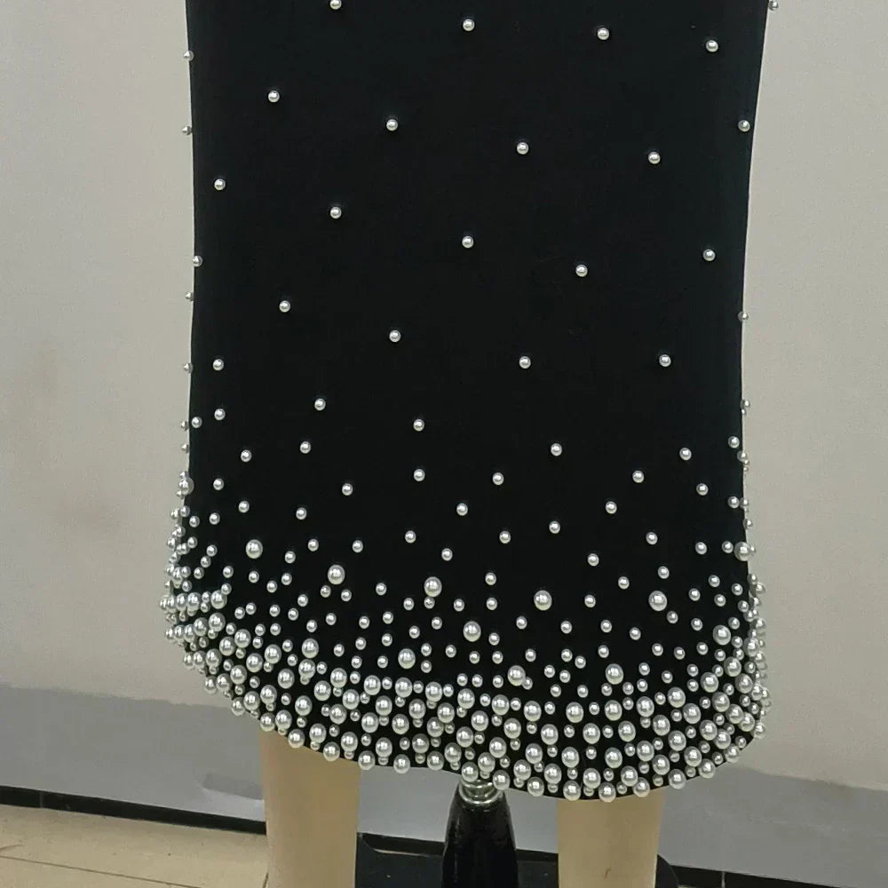 Pearl Trim Off Shoulder V Notch Beaded Gradient Hem Bodycon Midi Dress