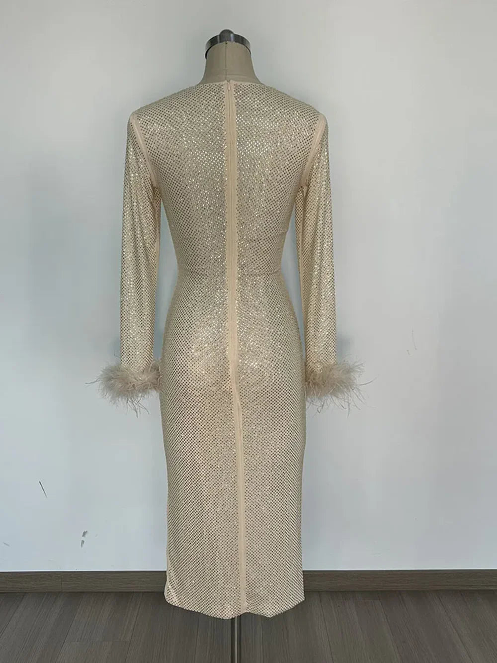 Crew Neck Long Sleeve Feather Cuff Rhinestone Mesh Ruched Midi Dress 5