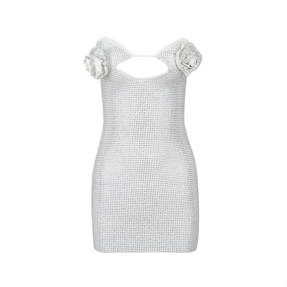 Strapless Rhinestone 3D Rose Applique Cut Out Bodycon Mini Dress