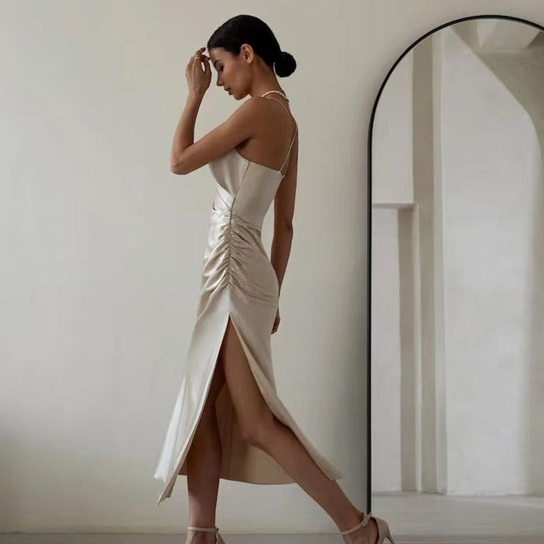 Lovely Lady Ruched Satin Midi Dress - View 8