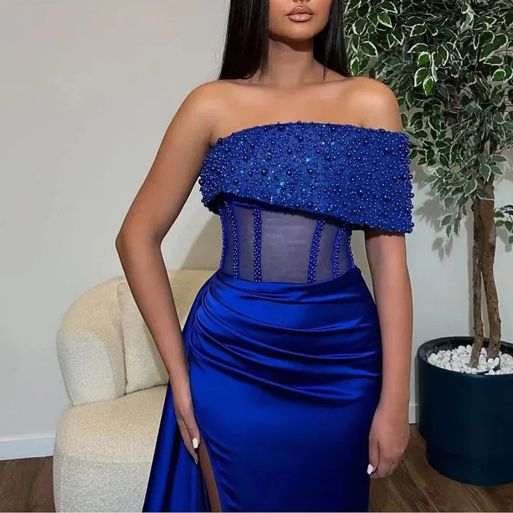 Satin Off Shoulder Beaded Corset High Split Mermaid Gown