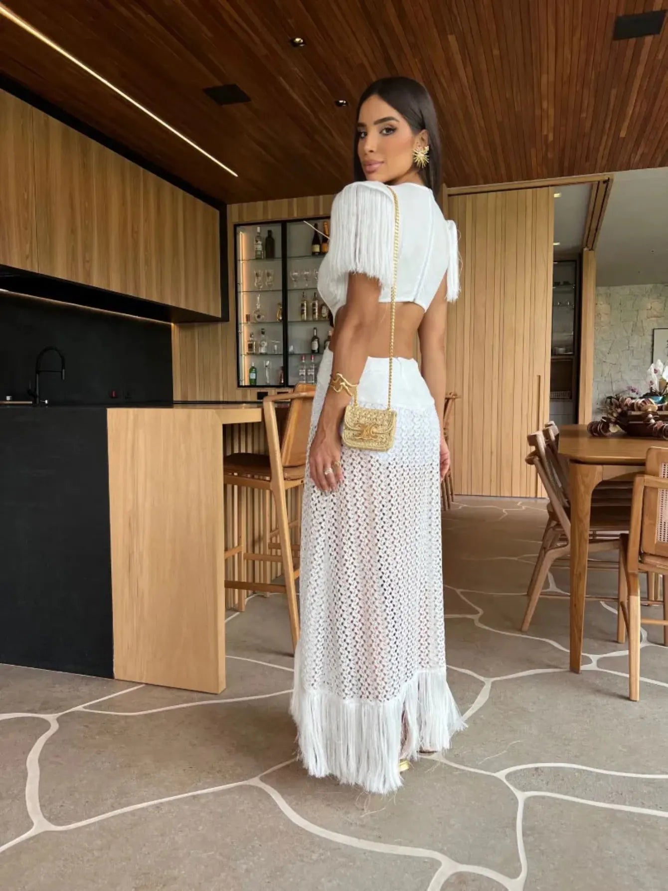 Crochet Knit Deep V-Neck Waist Cut Out Fringe High Split Maxi Dress