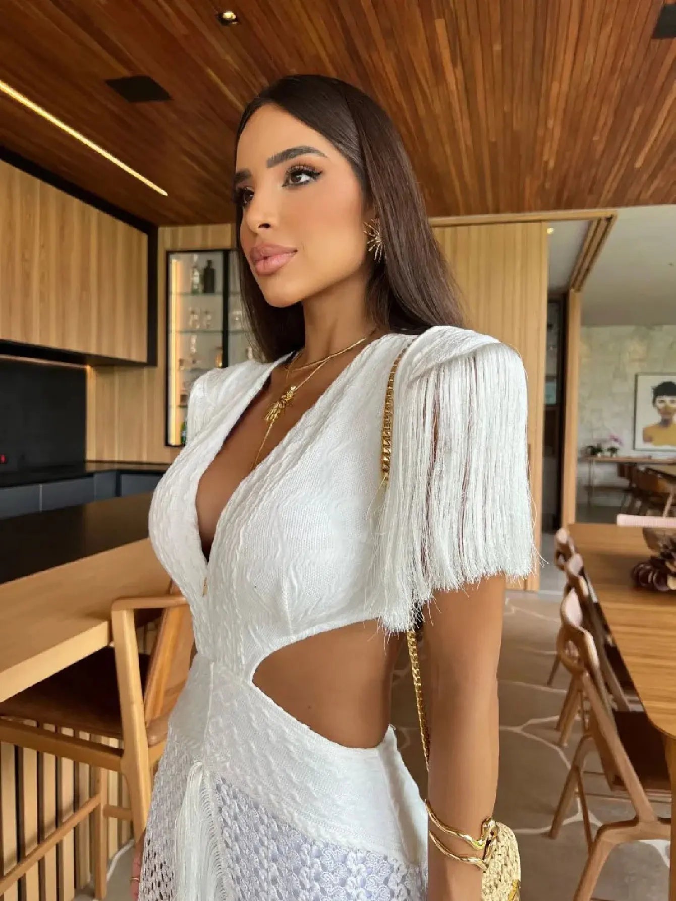 Crochet Knit Deep V-Neck Waist Cut Out Fringe High Split Maxi Dress