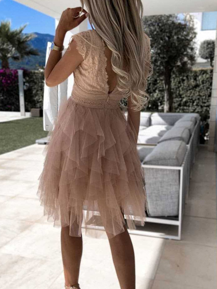 Lace Deep V-Neck Cap Sleeve Bow Waist Tiered Tulle Mini Dress