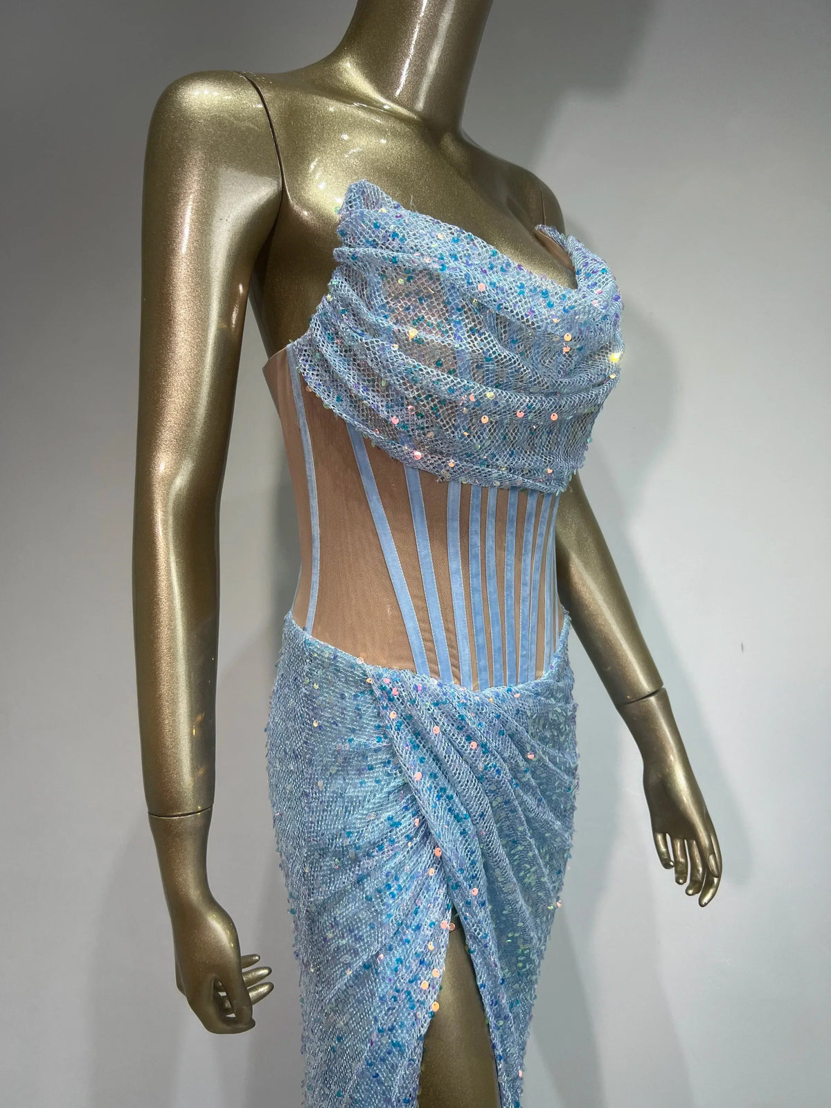 Strapless Mesh Sequins Ruffles Maxi Dress - View 6