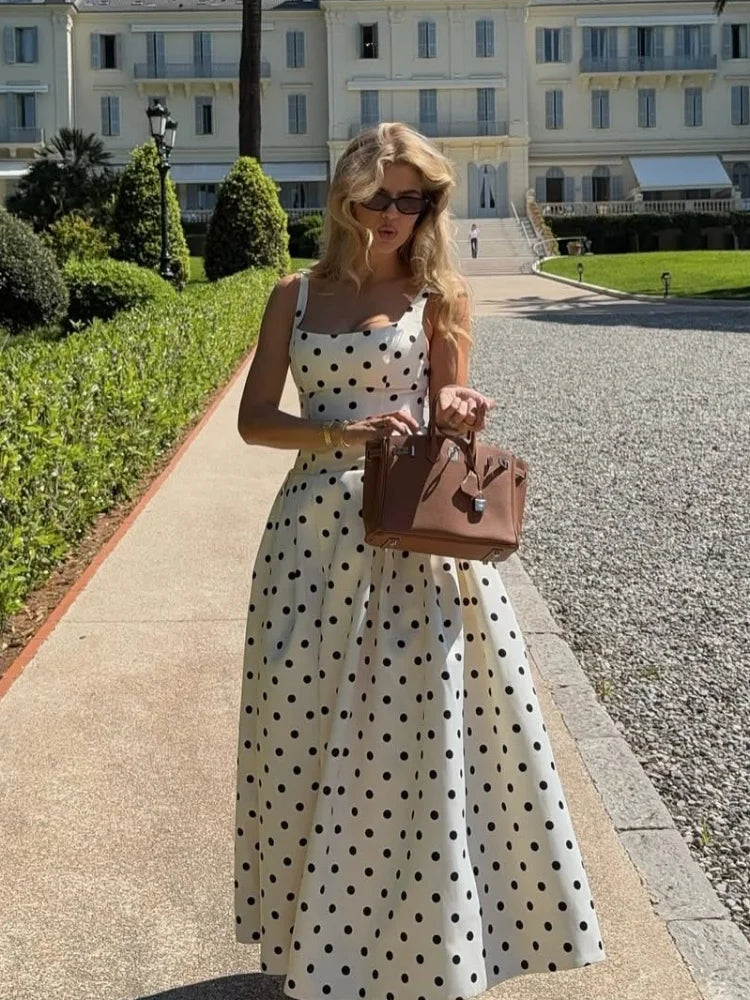 Polka Dot Square Neck Wide Strap A-Line Maxi Dress