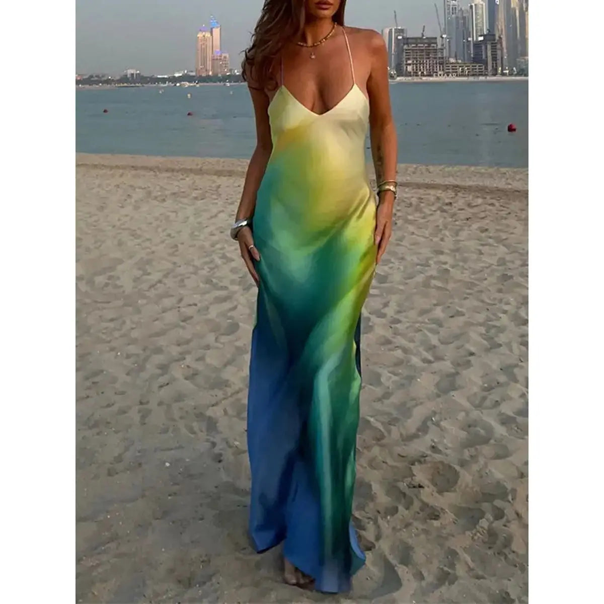 Gradient Cami Vneck Backless Maxi Dress