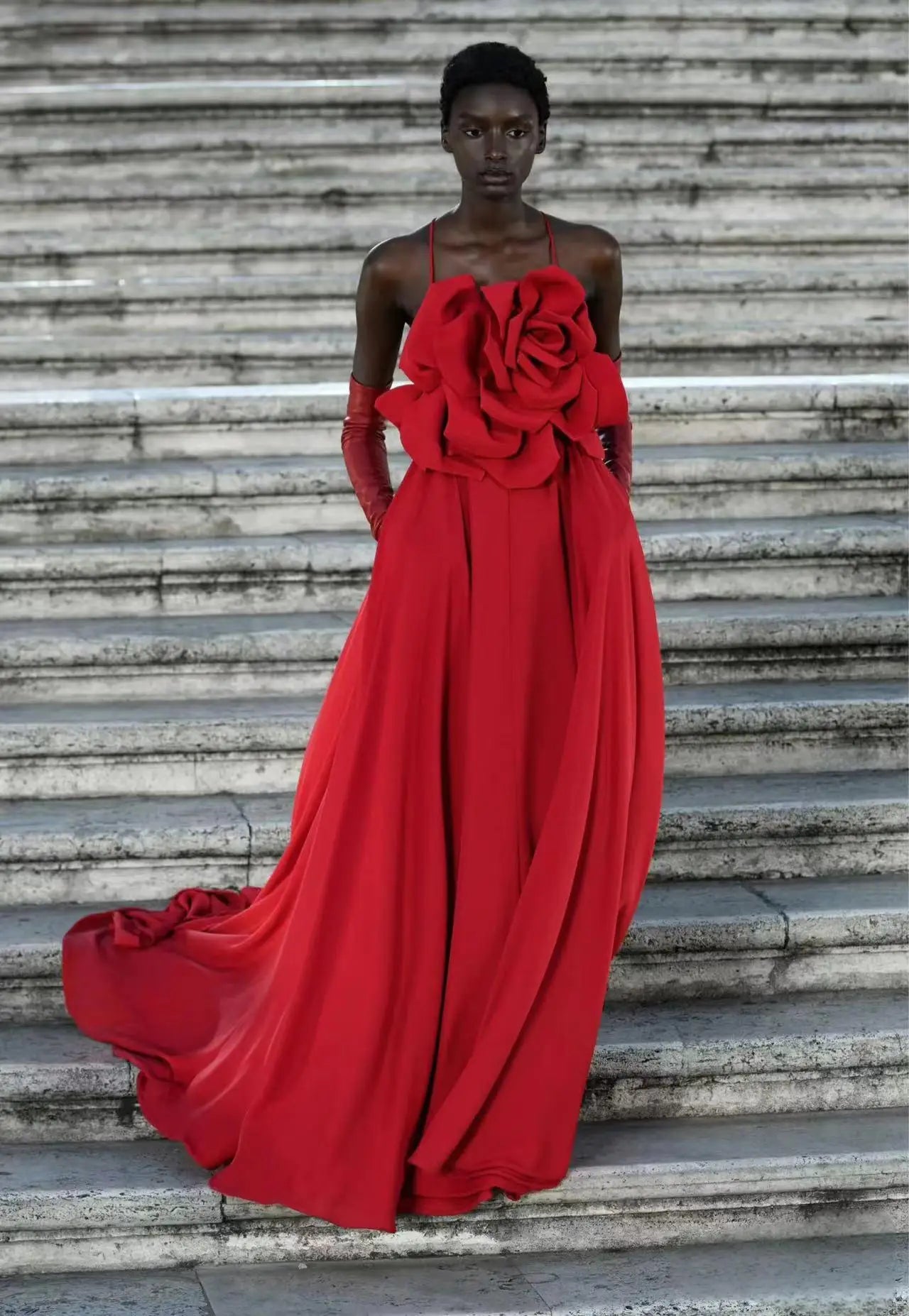 Red Color Women Sexy Strap Sleeveless Florals Loose Floor-Length Dress Celebrate Evening Party Wedding Mermaid Dress Red
