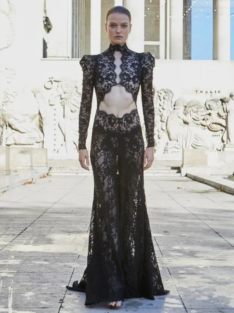 Lace Mock Neck Long Sleeve Cut Out High Split Maxi Gown