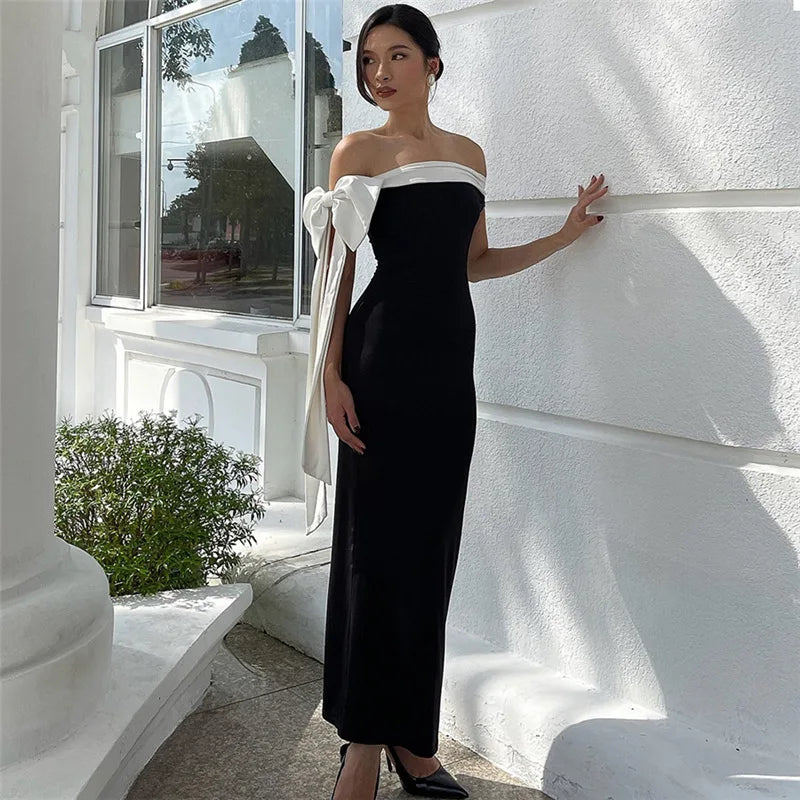 Contrast Trim Off Shoulder Bow Sash Bodycon Midi Dress 13